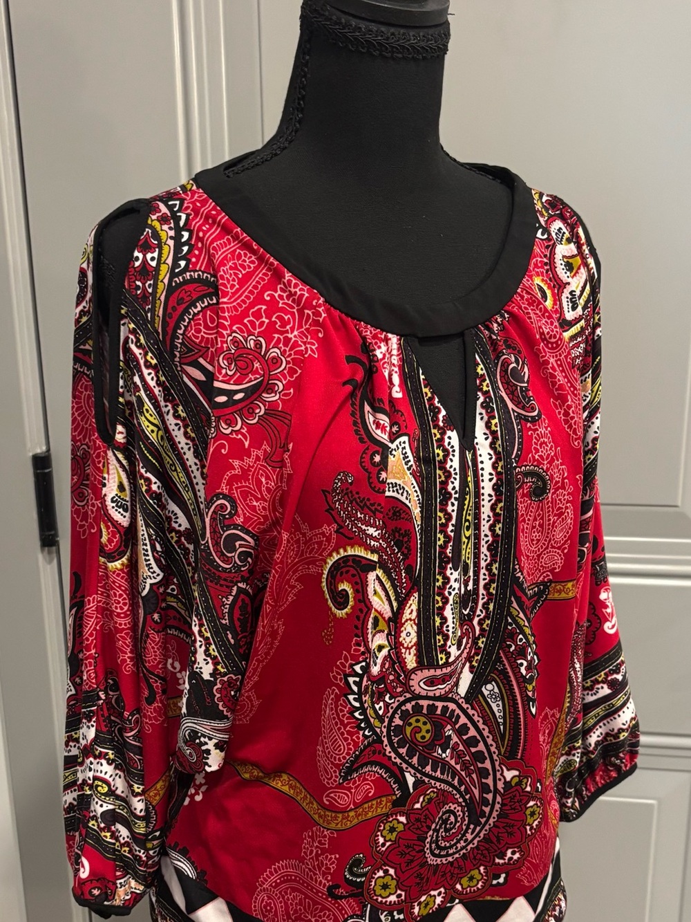 New York & Company Red Paisley Cold-Shoulder Blouse with Black Trim